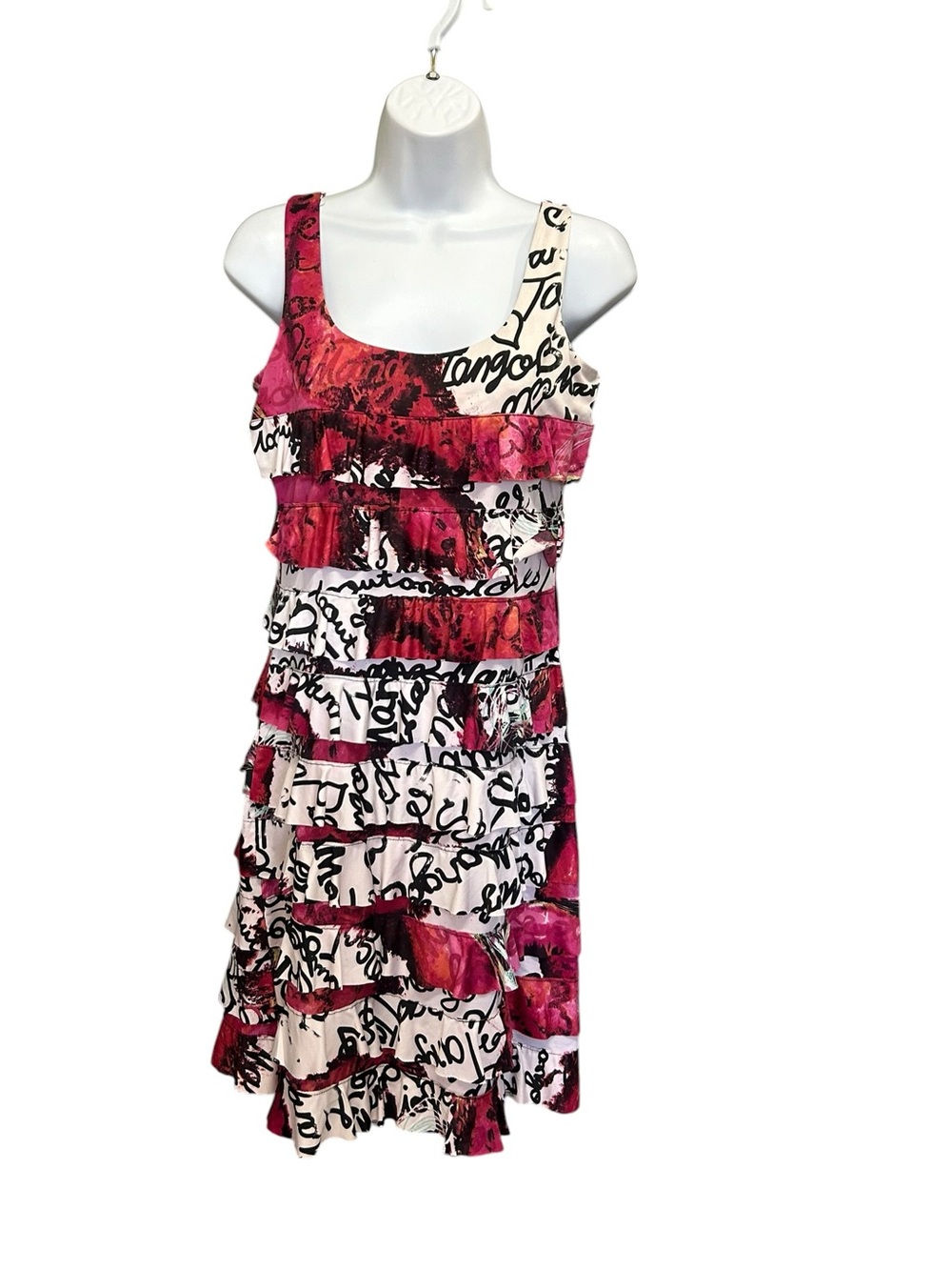 Tango Mango Tiered Ruffle Script Floral Print Dress Size S